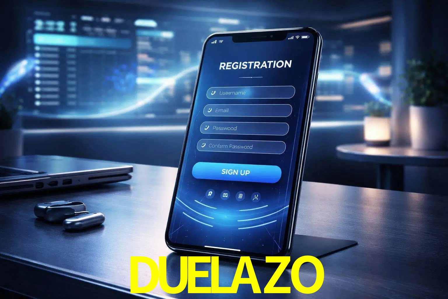 Una interfaz moderna de registro móvil para DUELAZO mostrada en un smartphone con un panel de apuestas elegante.
